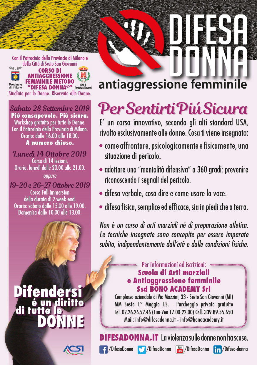 Corso monosettimanale serale di Antiaggressione femminile – dal 14 Ottobre 2019